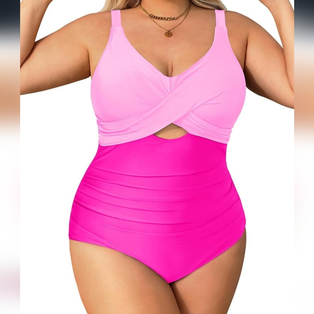 PLUS SIZE Pink One-Piece Color Block Swimsuit